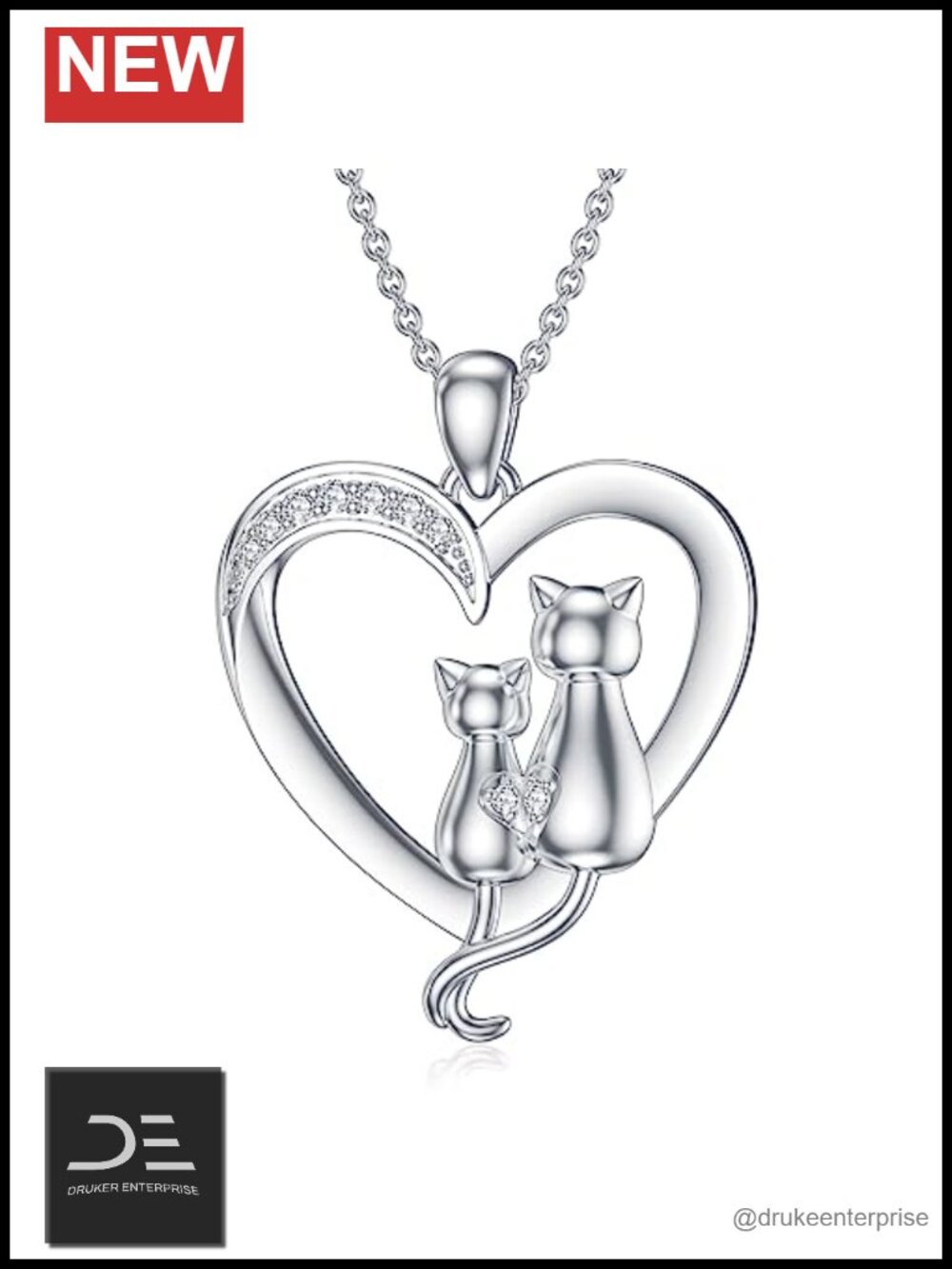 925 Sterling Silver Cat Heart Pendant Necklace Lab Grown Diamond Animal Jewelry
